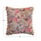Hello Honey Velvet Printed Square Pillow with Kantha Stitch, Pom Poms & Chambray Back, Multicolor
